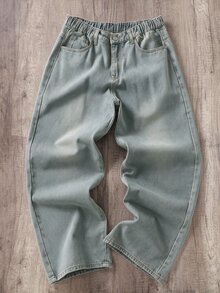 SHEIN 青少年男孩復古水洗寬鬆牛仔褲 男款寬腿牛仔長褲 街頭生活休閒圖案街頭時尚 中高腰 90年代街頭風 Oversize - 中等水洗藍 - 查看 3