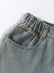 SHEIN 青少年男孩復古水洗寬鬆牛仔褲 男款寬腿牛仔長褲 街頭生活休閒圖案街頭時尚 中高腰 90年代街頭風 Oversize - 中等水洗藍 - 查看 7