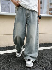SHEIN 青少年男孩復古水洗寬鬆牛仔褲 男款寬腿牛仔長褲 街頭生活休閒圖案街頭時尚 中高腰 90年代街頭風 Oversize - 中等水洗藍 - 查看 4