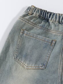 SHEIN 青少年男孩復古水洗寬鬆牛仔褲 男款寬腿牛仔長褲 街頭生活休閒圖案街頭時尚 中高腰 90年代街頭風 Oversize - 中等水洗藍 - 查看 8