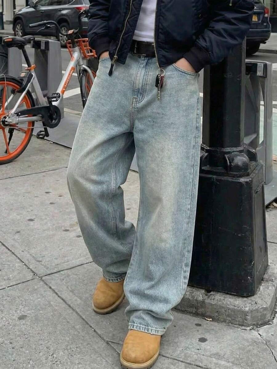 SHEIN 青少年男孩復古水洗寬鬆牛仔褲 男款寬腿牛仔長褲 街頭生活休閒圖案街頭時尚 中高腰 90年代街頭風 Oversize