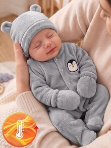SHEIN 新生兒黃色極簡時尚嬰兒長袖連身褲套裝，含帽子與手套，居家穿著 - 灰色 - 查看 8