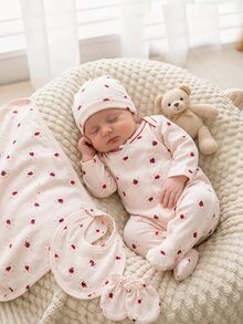 [Random 5 Sets, 1 Set Sent] Newborn 0-12 Months Home Jumpsuit, Mori Style Ditsy Floral With Chain Craft Contrast Color, Fresh Ins Style, Long Sleeve With Foot Cover, Snap Button Design, Easy To Put On And Take Off, Home Leisure, Daily Outings, Spring/Summer, All Seasons - Multicolor - View 5