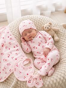 [Random 5 Sets, 1 Set Sent] Newborn 0-12 Months Home Jumpsuit, Mori Style Ditsy Floral With Chain Craft Contrast Color, Fresh Ins Style, Long Sleeve With Foot Cover, Snap Button Design, Easy To Put On And Take Off, Home Leisure, Daily Outings, Spring/Summer, All Seasons - Multicolor - View 6