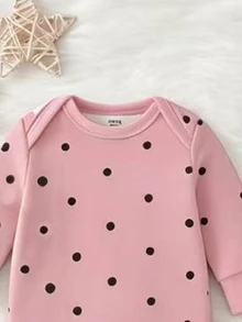 SHEIN 新生兒連腳連身衣，粉色波點印花，方便穿脫，秋冬款，春夏軟綿休閒睡衣套裝，讓寶寶顯得可愛活潑 - 彩色 - 查看 6