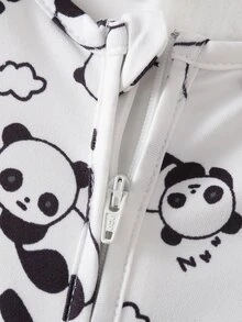 SHEIN 2件裝新生兒男嬰女嬰可愛休閒睡衣，包含一件象牙色純色與一件白色卡通動物熊貓酪梨印花長袖圓領連身足套睡衣，適用於春秋季，採用柔軟輕盈親膚針織面料製成，適合溫和居家服與舒適睡衣 - 彩色 - 查看 6