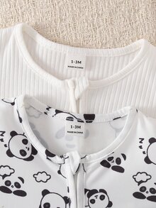 SHEIN 2件裝新生兒男嬰女嬰可愛休閒睡衣，包含一件象牙色純色與一件白色卡通動物熊貓酪梨印花長袖圓領連身足套睡衣，適用於春秋季，採用柔軟輕盈親膚針織面料製成，適合溫和居家服與舒適睡衣 - 彩色 - 查看 8