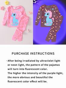 SHEIN Perso Play 两件套贴身睡衣，女婴可爱独角兽印花睡衣和打底裤套装，霓虹色女婴睡衣，女婴睡衣，卡通独角兽婴儿服，贴身款。本产品需要紫外线照射才能发光。 - 粉色 - 查看 6