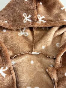SHEIN Girlss Sweet Soft Cute Style Coffee Color Jacket Plush Fabric With Soft Touch All-Over White Bow & Polka Dot Pattern Full-Coverage Hood Design Front S - Brown - View 6