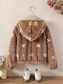 SHEIN Girlss Sweet Soft Cute Style Coffee Color Jacket Plush Fabric With Soft Touch All-Over White Bow & Polka Dot Pattern Full-Coverage Hood Design Front S - Brown - View 2