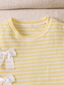 Girl's Milk Yellow Striped Knit 2-Piece Set Sweet Soft Girl Style. Light Yellow And White Textured Short Sleeve Top With 3D White Bow Accents Cropped - Yellow - View 5