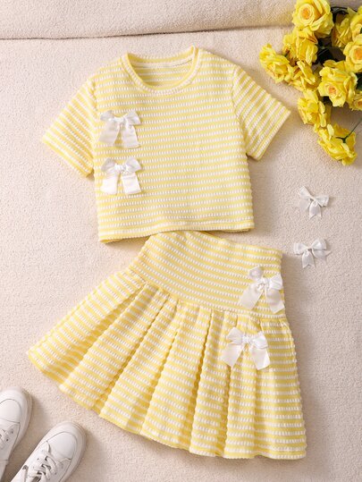 Girl's Milk Yellow Striped Knit 2-Piece Set Sweet Soft Girl Style. Light Yellow And White Textured Short Sleeve Top With 3D White Bow Accents Cropped