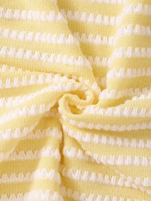 Girl's Milk Yellow Striped Knit 2-Piece Set Sweet Soft Girl Style. Light Yellow And White Textured Short Sleeve Top With 3D White Bow Accents Cropped - Yellow - View 4