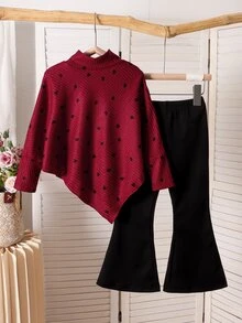 SHEIN Elladie kids 2件組女童T恤套裝 返校季秋季款 - 酒紅色 - 查看 2