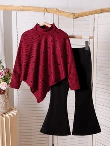 SHEIN Elladie kids 2件組女童T恤套裝 返校季秋季款 - 酒紅色 - 查看 5