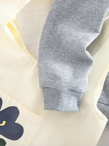 少女可愛蝴蝶結刺繡拉鍊連帽外套 灰色豹紋內裡休閒大學風運動外套 秋冬外穿 - 灰色 - 查看 6