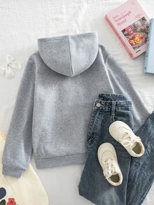 少女可愛蝴蝶結刺繡拉鍊連帽外套 灰色豹紋內裡休閒大學風運動外套 秋冬外穿 - 灰色 - 查看 2