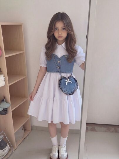 Elladie kids 夏季新款优雅通勤风女童两件套，牛仔露脐吊带背心+纯色短袖衬衫裙，附赠心形包，适合日常、上学、派对等场合。