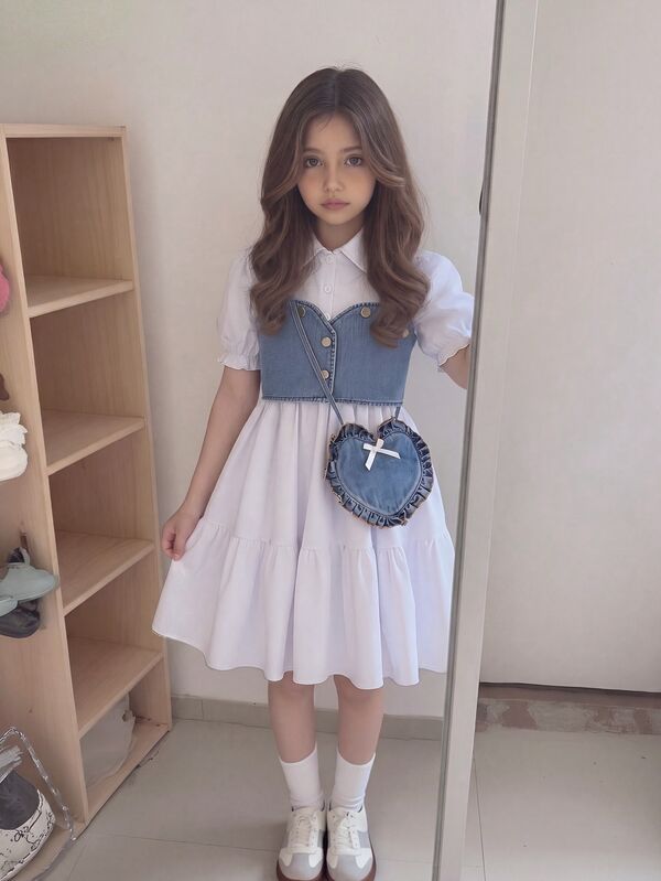 Elladie kids Setelan Dua Potong Musim Panas untuk Anak Perempuan, Atasan Denim Pendek, Gaun Kemeja Lengan Pendek dengan Tas Berbentuk Hati, Gaya Preppy Lucu untuk Kembali ke Sekolah, Putih dan Biru