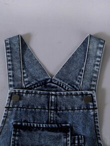 SHEIN ChillGRL 2026夏季舒適面料春季度假旅行必備 少女休閒牛仔女孩風牛仔吊帶褲 淺藍色粉色蝴蝶結刺繡 - 深色水洗藍 - 查看 8