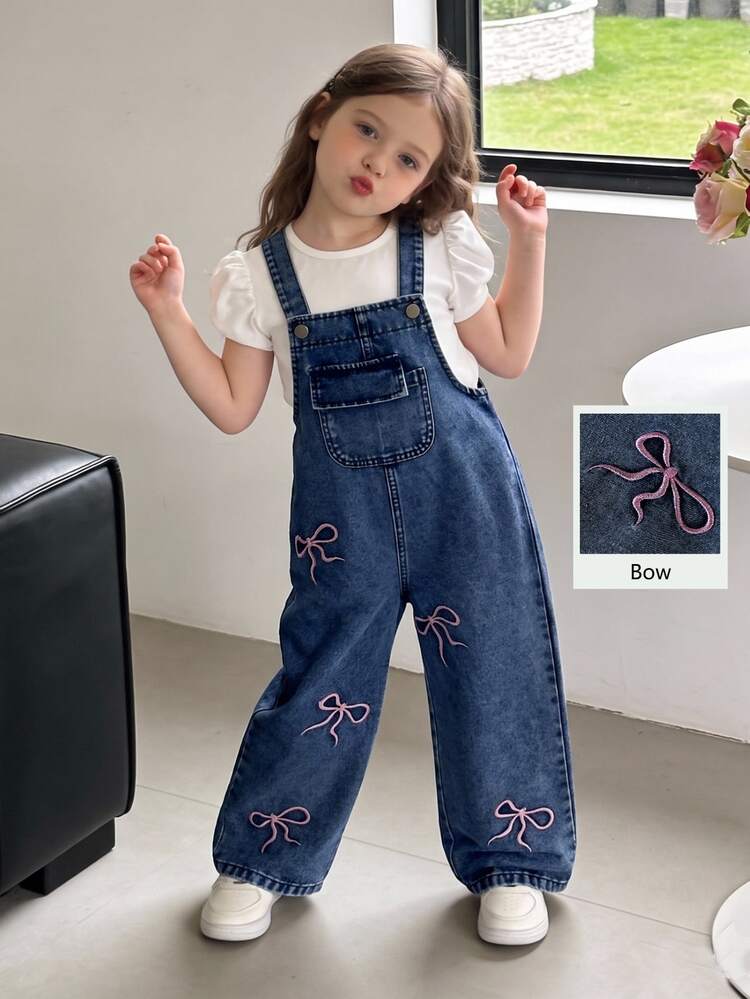 SHEIN ChillGRL 2026夏季舒適面料春季度假旅行必備 少女休閒牛仔女孩風牛仔吊帶褲 淺藍色粉色蝴蝶結刺繡 - 深色水洗藍 - 查看 9