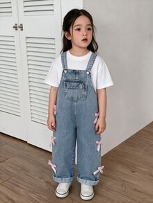 女童復古牛仔女孩淺藍色開學牛仔吊帶褲，蝴蝶結裝飾水洗寬鬆直筒牛仔褲，柔軟休閒夏季百搭工裝褲 - 淺色水洗藍 - 查看 3