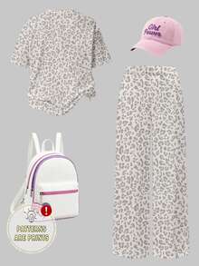 (1 Set) Pakaian Kasual Minimalis Gaya Musim Panas/Gugur untuk Anak Perempuan: Kaos Pendek dan Celana Panjang Lebar Motif Leopard Abu-abu ala NYC - MultiWarna - View 2
