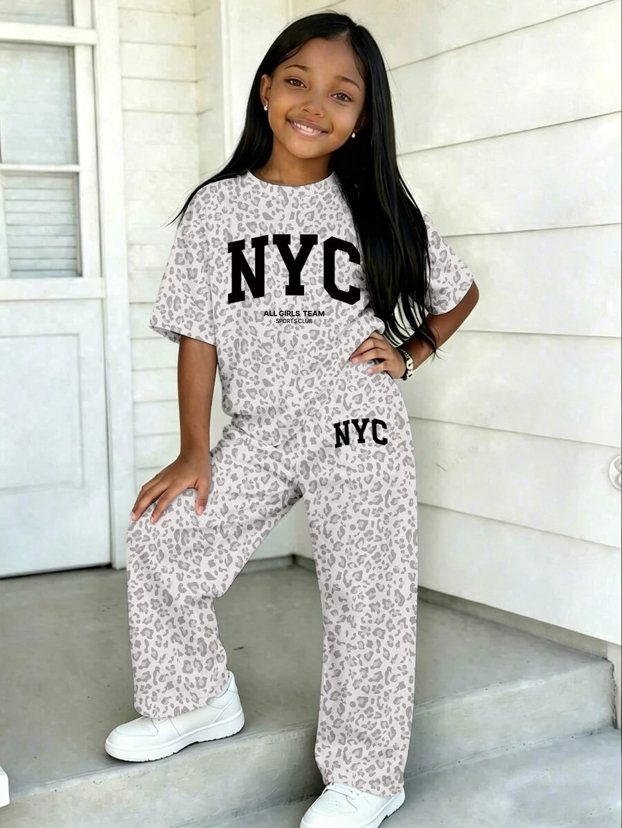 (1 Set) Pakaian Kasual Minimalis Gaya Musim Panas/Gugur untuk Anak Perempuan: Kaos Pendek dan Celana Panjang Lebar Motif Leopard Abu-abu ala NYC - MultiWarna - View 1