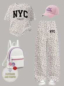 (1 Set) Pakaian Kasual Minimalis Gaya Musim Panas/Gugur untuk Anak Perempuan: Kaos Pendek dan Celana Panjang Lebar Motif Leopard Abu-abu ala NYC - MultiWarna - View 4