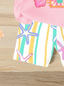 SHEIN 2pcs/Set Young Girls' Light Pink Summer Matching Family Vacation Holiday Sweet Beach Style,Short Sleeve T-Shirt&Dopamine Stripe Starfish Tight Shorts - Multicolor - View 8