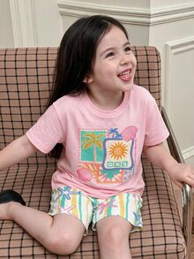 SHEIN 2pcs/Set Young Girls' Light Pink Summer Matching Family Vacation Holiday Sweet Beach Style,Short Sleeve T-Shirt&Dopamine Stripe Starfish Tight Shorts - Multicolor - View 3