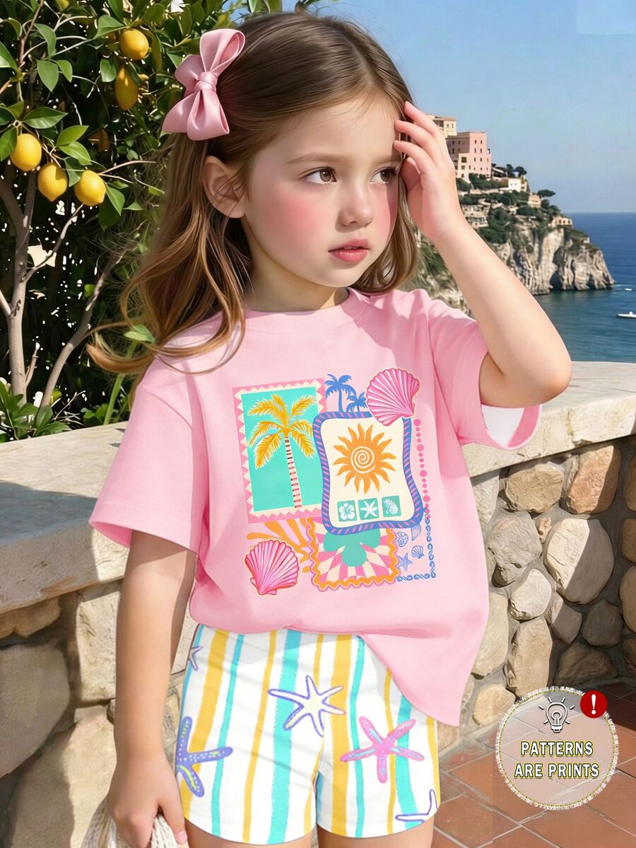 SHEIN 2pcs/Set Young Girls' Light Pink Summer Matching Family Vacation Holiday Sweet Beach Style,Short Sleeve T-Shirt&Dopamine Stripe Starfish Tight Shorts - Multicolor - View 1