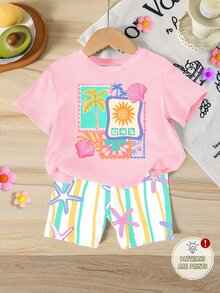 SHEIN 2pcs/Set Young Girls' Light Pink Summer Matching Family Vacation Holiday Sweet Beach Style,Short Sleeve T-Shirt&Dopamine Stripe Starfish Tight Shorts - Multicolor - View 4