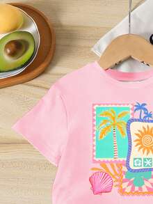 SHEIN 2pcs/Set Young Girls' Light Pink Summer Matching Family Vacation Holiday Sweet Beach Style,Short Sleeve T-Shirt&Dopamine Stripe Starfish Tight Shorts - Multicolor - View 6