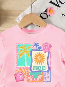 SHEIN 2pcs/Set Young Girls' Light Pink Summer Matching Family Vacation Holiday Sweet Beach Style,Short Sleeve T-Shirt&Dopamine Stripe Starfish Tight Shorts - Multicolor - View 7