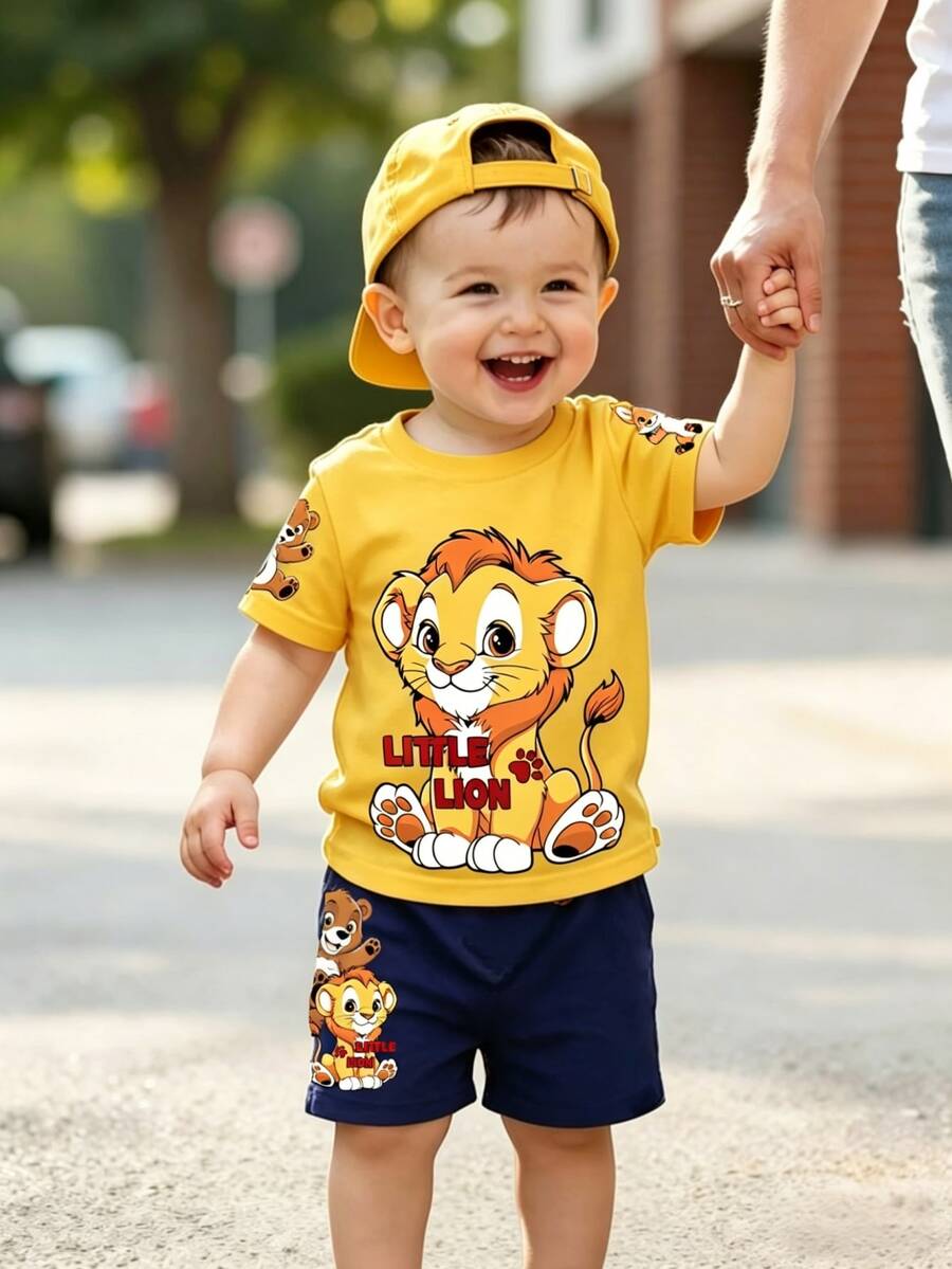SHEIN Playful Pals 2件套男婴新款SS26舒适休闲可爱卡通动物狮子熊印花黄色短袖上衣和可爱卡通动物狮子熊印花短裤套装 - 彩色 - 查看 1