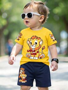 SHEIN Playful Pals 2件套男婴新款SS26舒适休闲可爱卡通动物狮子熊印花黄色短袖上衣和可爱卡通动物狮子熊印花短裤套装 - 彩色 - 查看 3