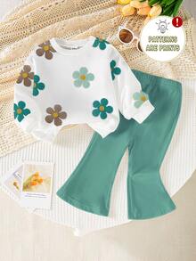 SHEIN Vintaside Kids 1 Set Baby Girl Casual Cute Floral Print Crew Neck Sweatshirt And Flare Pants Outfit, Autumn/Winter - Multicolor - View 1