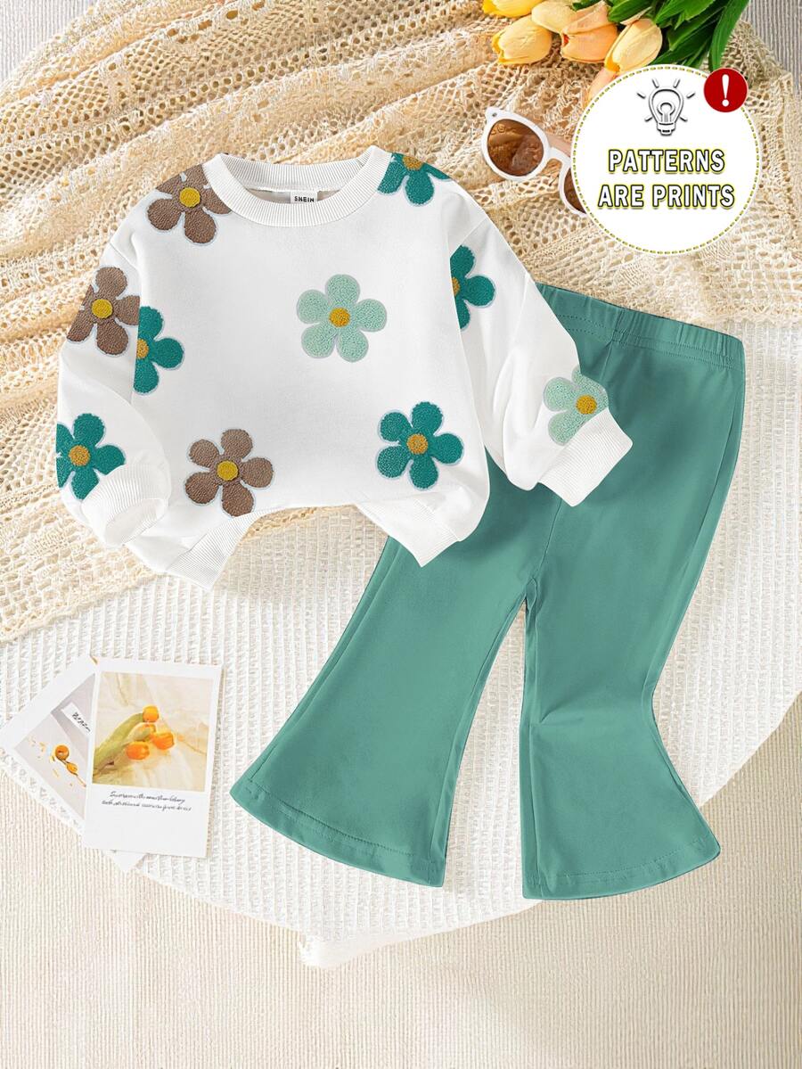 SHEIN Vintaside Kids 1 Set Baby Girl Casual Cute Floral Print Crew Neck Sweatshirt And Flare Pants Outfit, Autumn/Winter - Multicolor - View 1