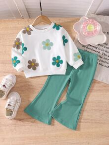 SHEIN Vintaside Kids 1 Set Baby Girl Casual Cute Floral Print Crew Neck Sweatshirt And Flare Pants Outfit, Autumn/Winter - Multicolor - View 3