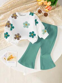 SHEIN Vintaside Kids 1 Set Baby Girl Casual Cute Floral Print Crew Neck Sweatshirt And Flare Pants Outfit, Autumn/Winter - Multicolor - View 4
