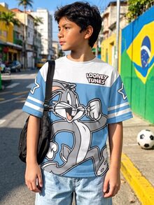 LOONEY TUNES X SHEIN GraphicGems Boys' Short Sleeve T-Shirt, White Cartoon Rabbit Patchwork Print Tee For Big Kids Summer School Streetwear Scene - Blue - View 2