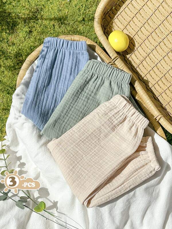 SHEIN 3pcs/Set Celana Kasual Bayi Laki-laki Balita dengan Saku dan Pinggang Elastis, Dekorasi Kancing, Gaya Serbaguna untuk Musim Semi, Musim Panas, Musim Gugur, Musim Dingin, Sehari-hari, Sekolah, Olahraga