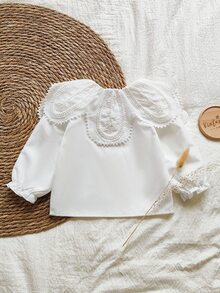SHEIN Vintaside Kids 女嬰白色花卉蕾絲領長袖襯衫，優雅返校襯衫，休閒秋季時尚上衣，婚禮花童穿搭 - 白色 - 查看 3