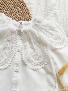 SHEIN Vintaside Kids 女嬰白色花卉蕾絲領長袖襯衫，優雅返校襯衫，休閒秋季時尚上衣，婚禮花童穿搭 - 白色 - 查看 8
