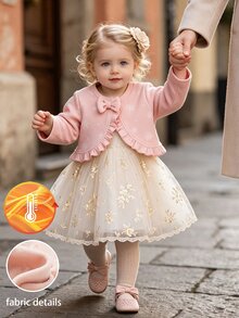 SHEIN Elladie kids 女嬰可愛優雅蝴蝶結裝飾荷葉邊紋理短版開襟外套，淡粉色長袖短版針織開襟外套，適合秋冬季節 - 粉色 - 查看 4