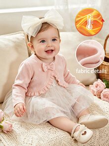 SHEIN Elladie kids 女嬰可愛優雅蝴蝶結裝飾荷葉邊紋理短版開襟外套，淡粉色長袖短版針織開襟外套，適合秋冬季節 - 粉色 - 查看 5