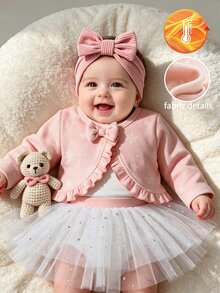 SHEIN Elladie kids 女嬰可愛優雅蝴蝶結裝飾荷葉邊紋理短版開襟外套，淡粉色長袖短版針織開襟外套，適合秋冬季節 - 粉色 - 查看 7