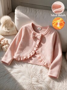 SHEIN Elladie kids 女嬰可愛優雅蝴蝶結裝飾荷葉邊紋理短版開襟外套，淡粉色長袖短版針織開襟外套，適合秋冬季節 - 粉色 - 查看 2
