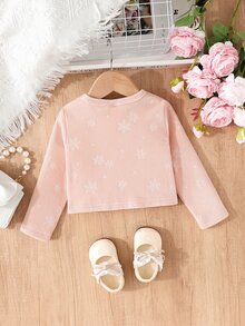 SHEIN Elladie kids 女嬰可愛優雅蝴蝶結裝飾荷葉邊紋理短版開襟外套，淡粉色長袖短版針織開襟外套，適合秋冬季節 - 粉色 - 查看 3